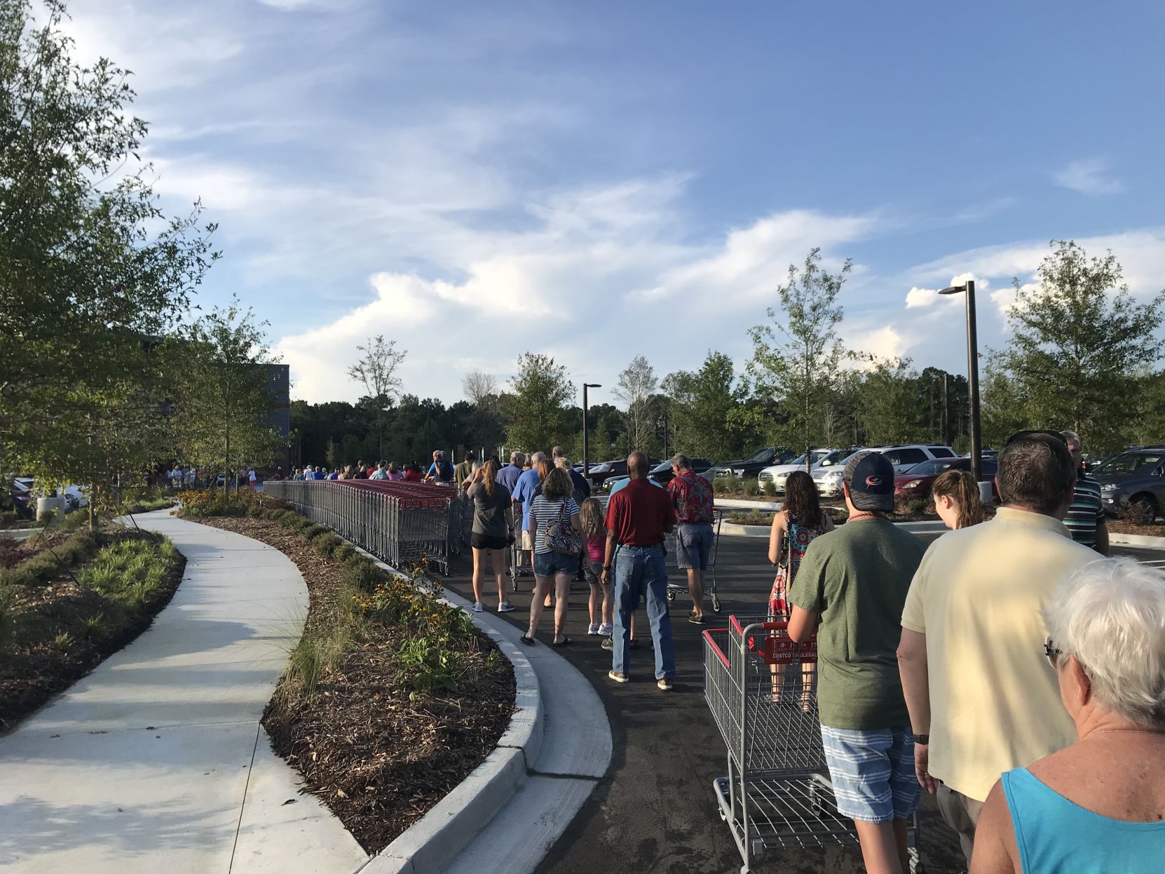 Costco customers line up far out into the parking lot